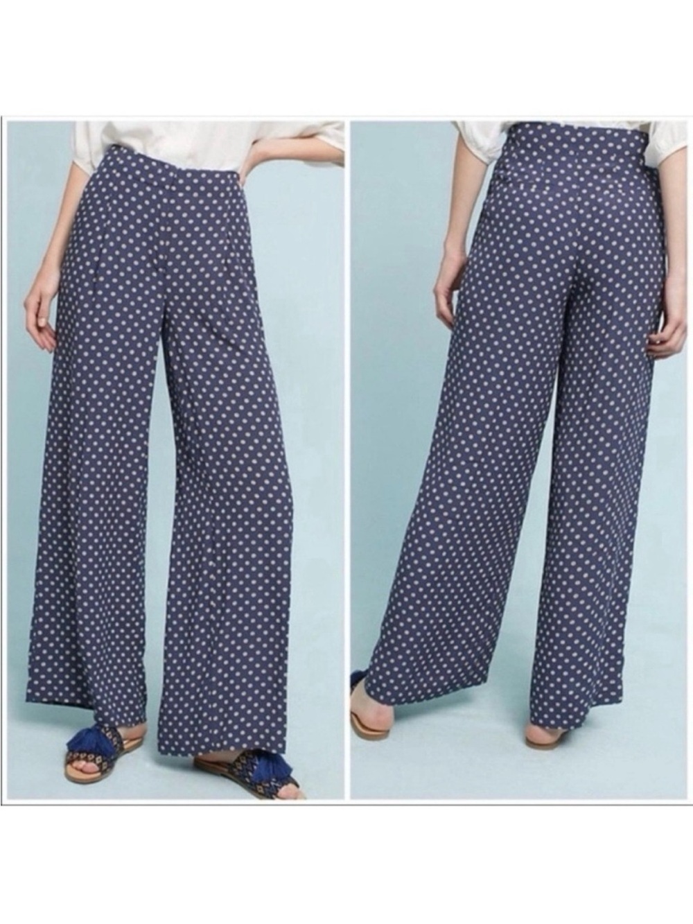 Anthropologie Feather & Bone Navy Polka Dot High Waisted Wide Leg Palazzo Pants